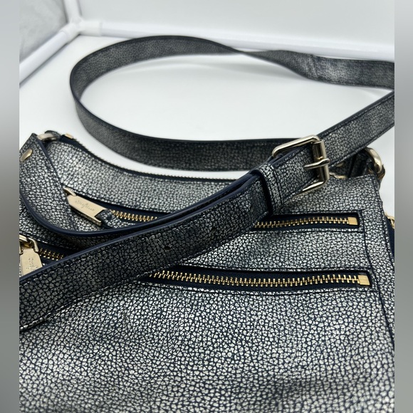 COLE HAAN Village Sheila Blue Metallic Pebbled Leather Expandable Crossbody Bag - Picture 12 of 17